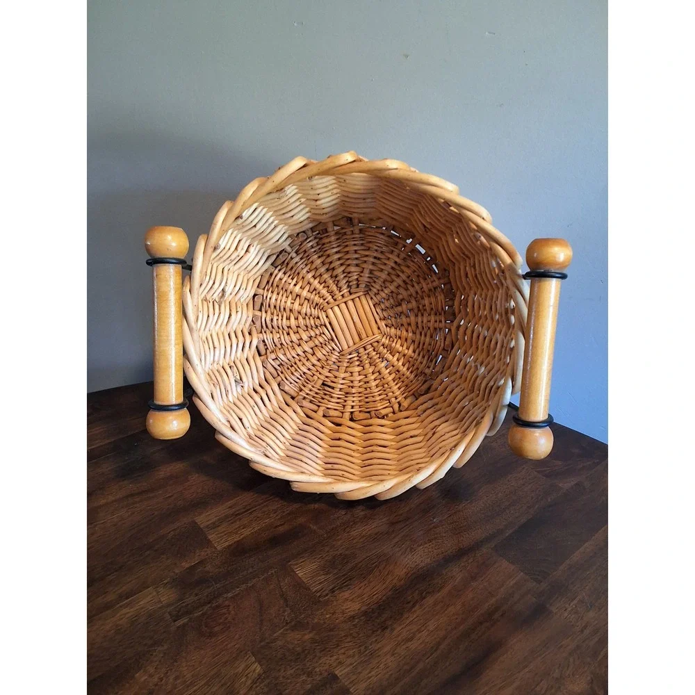 Vintage Round Wicker Basket with Wood Dowel Handles Natural Rattan Storage 10in